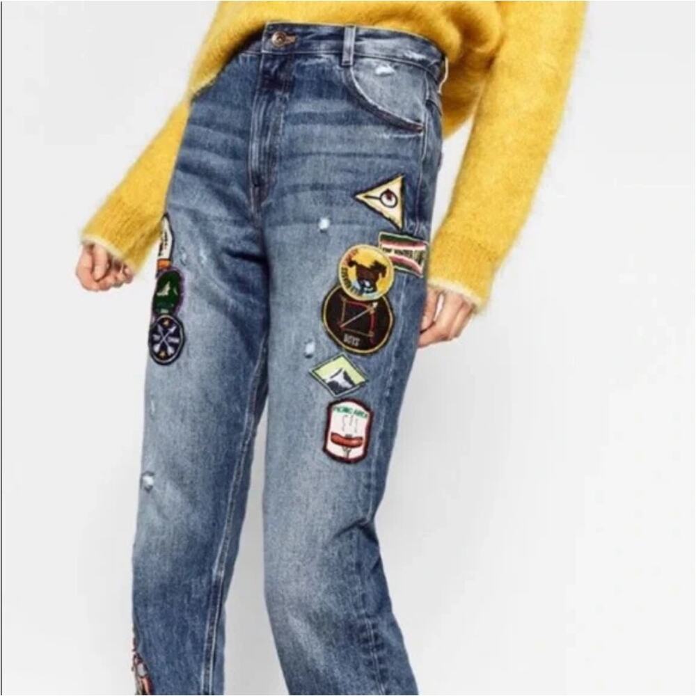 Zara Medium Wash Blue Patchwork Mom Jeans Women's 4 High Waist Tapered Leg‎